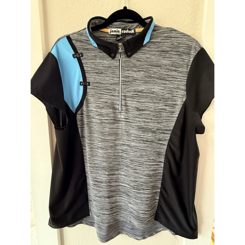 Jamie Sadock Womens XL Black Blue Cap Short Sleeves 1/4 Zip Golf Polo Shirt